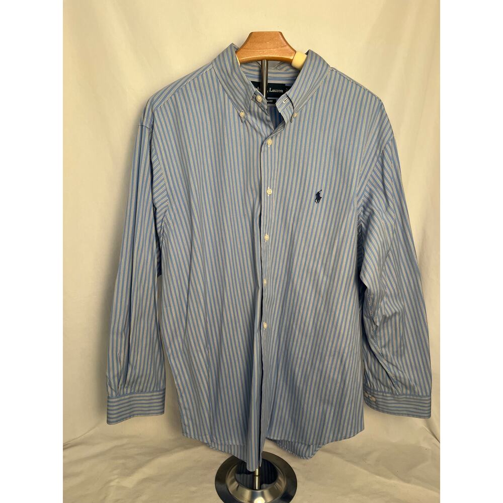 Ralph Lauren Button Down Shirt Large 17.5 Neck 32-33 Sleeve Blue Stripe Classic